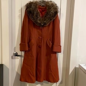 Rust Orange Wool Fur Collar Coat